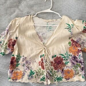 Floral Cream Blouse with Tie Front